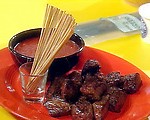 "Stake" Skewers with Bloody Vampire Dipping Sauce Recipe Image
