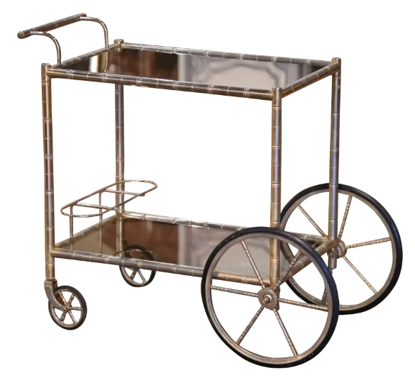 Early 20th Century French Silvered Brass Faux Bamboo Bar Cart Bagues Style